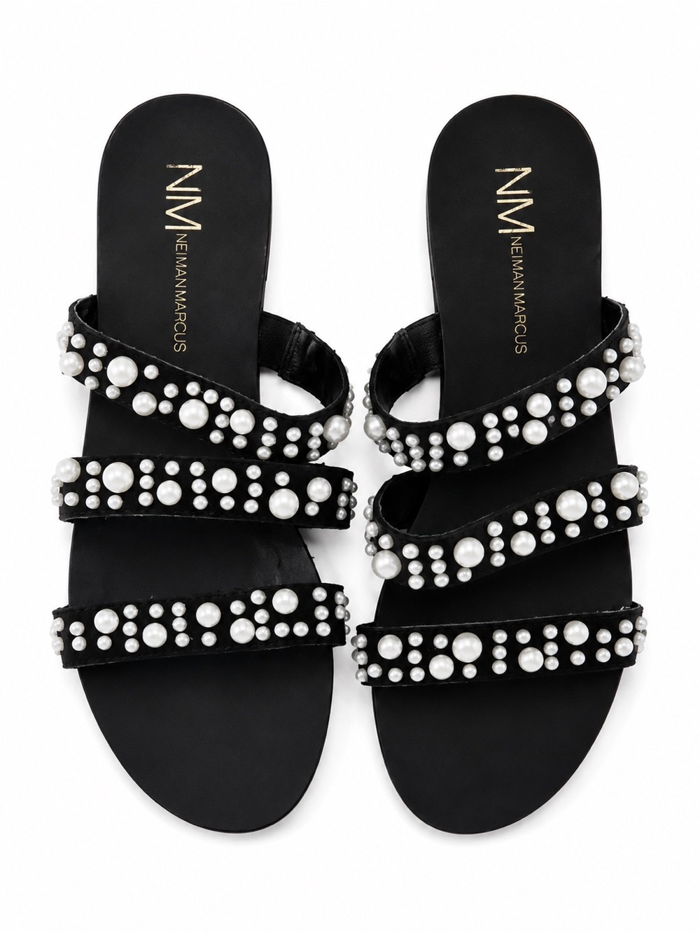 Neiman Marcus black flat sandals multiple straps embellished with white pearls